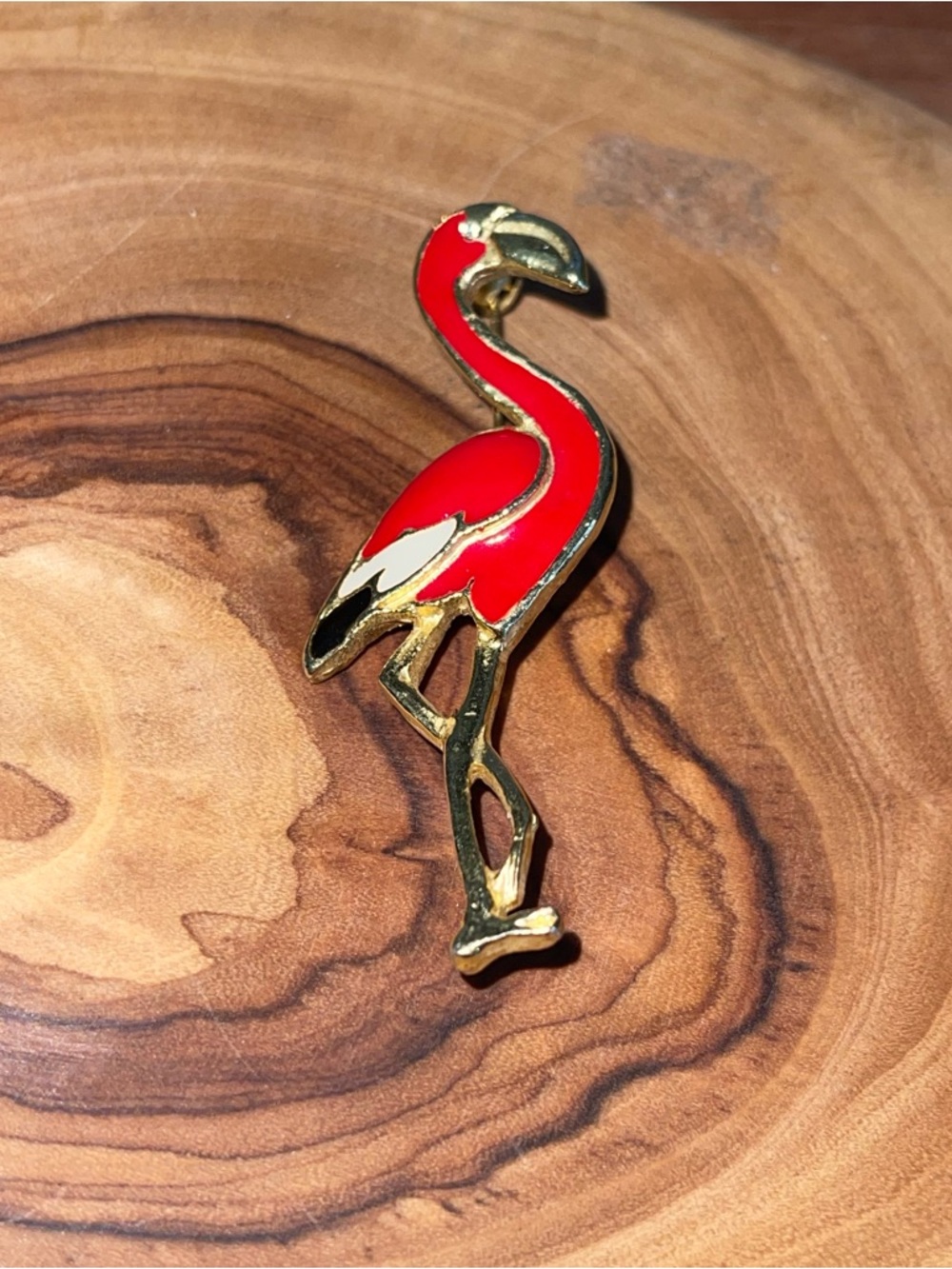 Red Flamingo Enamel Pin - Gold Trim Bird Accessory Brooch